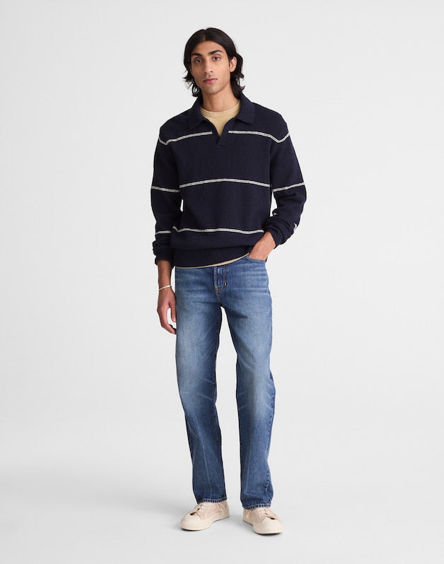 Johnny-Collar Sweater Polo in Textured Cotton DARK NAVY