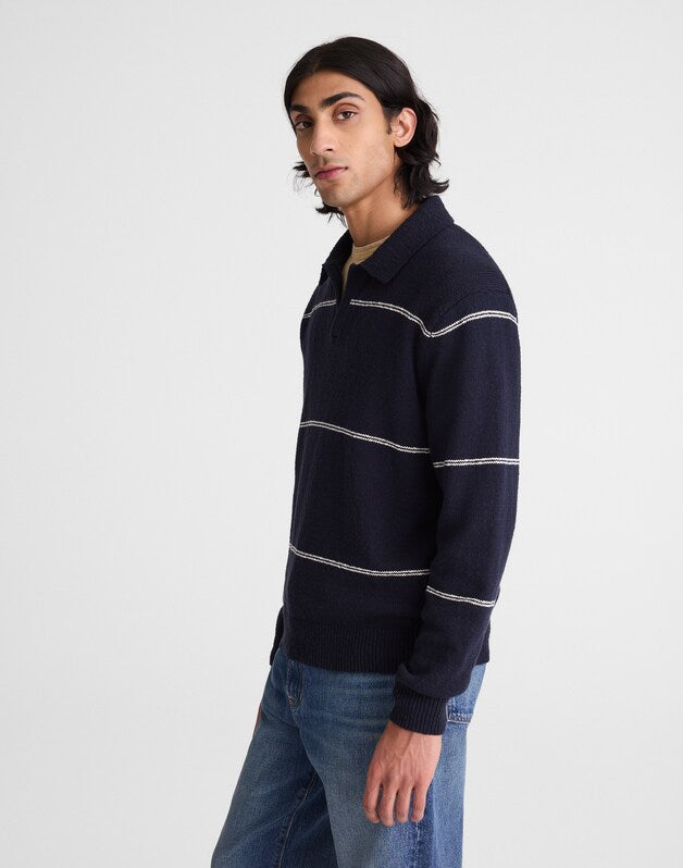 Johnny-Collar Sweater Polo in Textured Cotton DARK NAVY