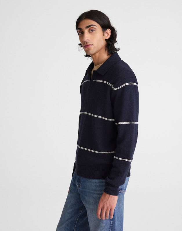Johnny-Collar Sweater Polo in Textured Cotton DARK NAVY