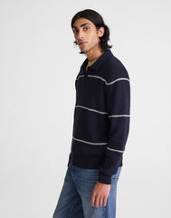 Johnny-Collar Sweater Polo in Textured Cotton DARK NAVY