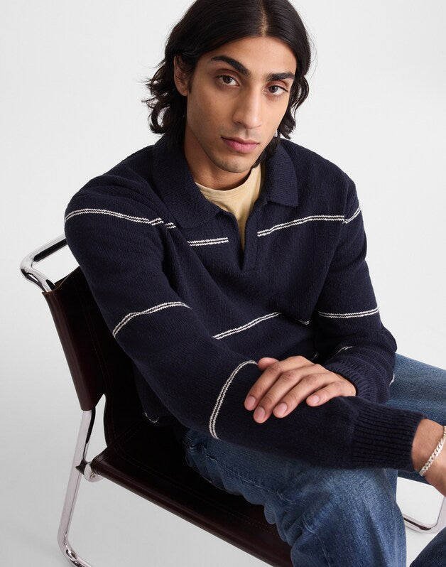 Johnny-Collar Sweater Polo in Textured Cotton DARK NAVY