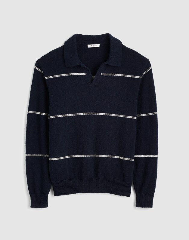 Johnny-Collar Sweater Polo in Textured Cotton DARK NAVY