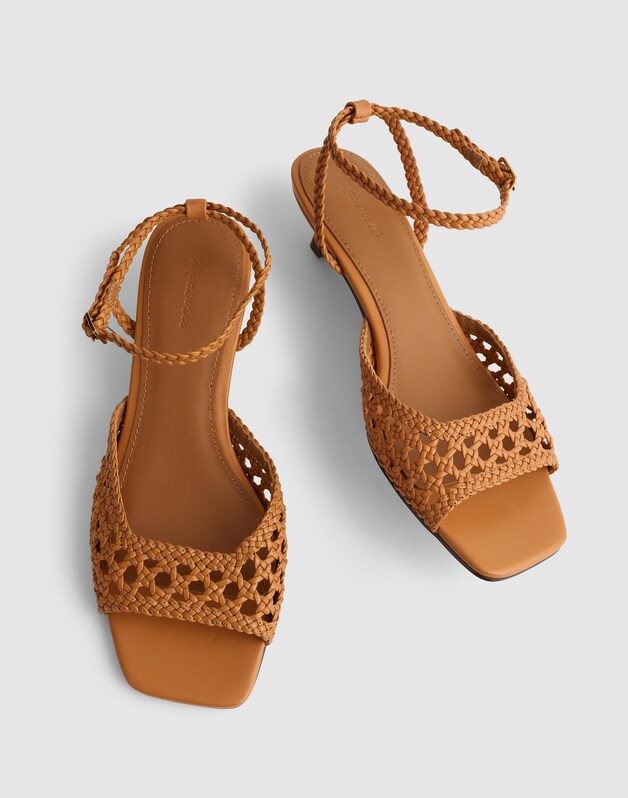The Tyra Ankle-Strap Kitten-Heel Sandal in Woven Leather SUNBAKED TAN