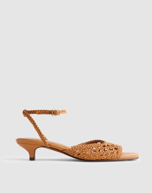 The Tyra Ankle-Strap Kitten-Heel Sandal in Woven Leather SUNBAKED TAN