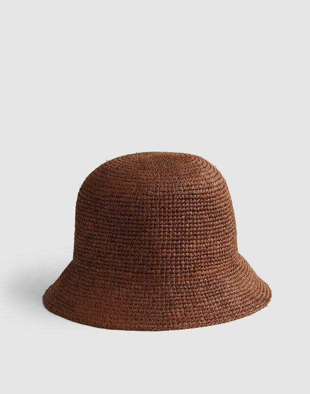 Hand-Crocheted Seamless Bucket Hat in Raffia COFFEE BEAN