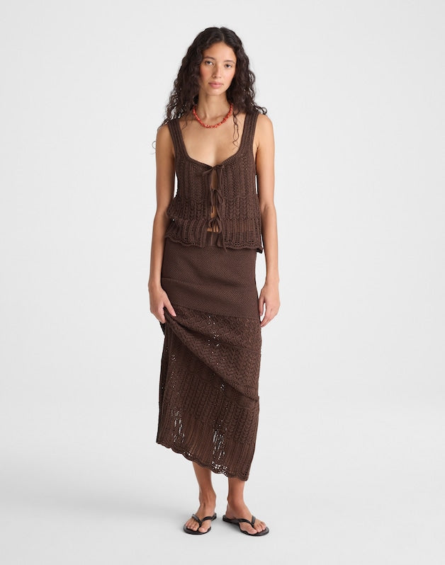 Pointelle-Stitch Tie-Front Sweater Tank in 100% Cotton DARK BROWN