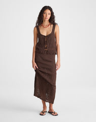 Pointelle-Stitch Tie-Front Sweater Tank in 100% Cotton DARK BROWN
