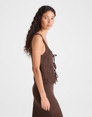 Pointelle-Stitch Tie-Front Sweater Tank in 100% Cotton DARK BROWN