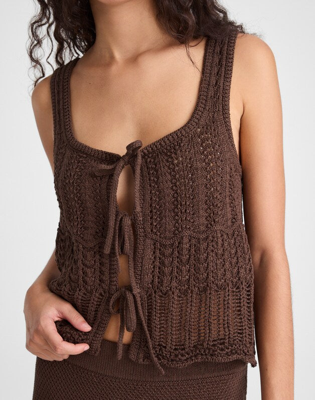 Pointelle-Stitch Tie-Front Sweater Tank in 100% Cotton DARK BROWN