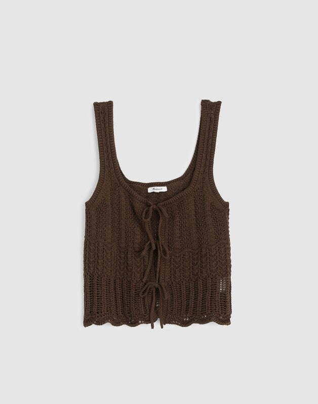Pointelle-Stitch Tie-Front Sweater Tank in 100% Cotton DARK BROWN