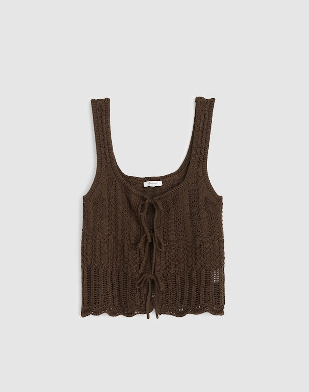 Pointelle-Stitch Tie-Front Sweater Tank in 100% Cotton DARK BROWN