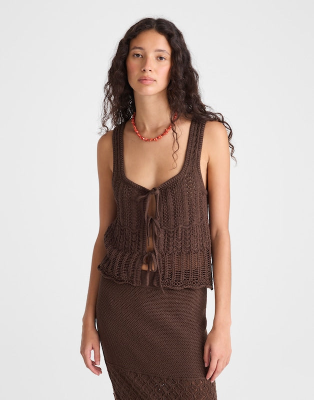 Pointelle-Stitch Tie-Front Sweater Tank in 100% Cotton DARK BROWN