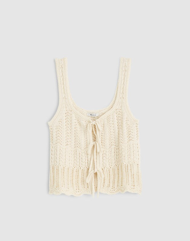 Pointelle-Stitch Tie-Front Sweater Tank in 100% Cotton VINTAGE IVORY