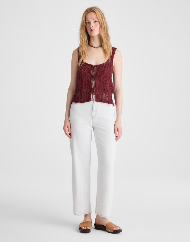 Pointelle-Stitch Tie-Front Sweater Tank in 100% Cotton DUSTY MERLOT