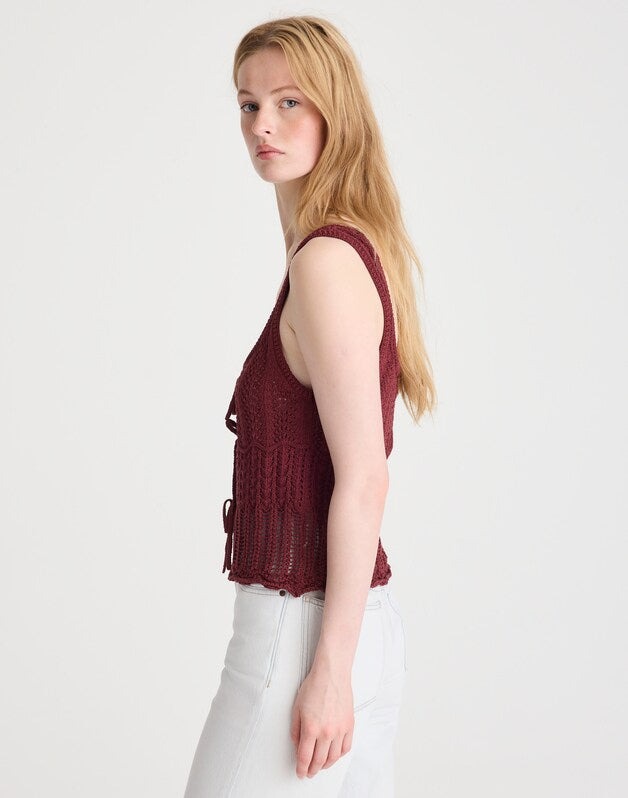 Pointelle-Stitch Tie-Front Sweater Tank in 100% Cotton DUSTY MERLOT