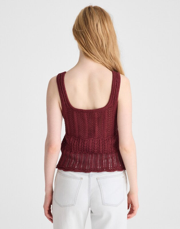 Pointelle-Stitch Tie-Front Sweater Tank in 100% Cotton DUSTY MERLOT