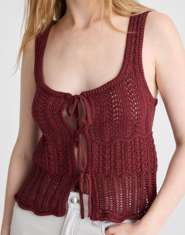 Pointelle-Stitch Tie-Front Sweater Tank in 100% Cotton DUSTY MERLOT