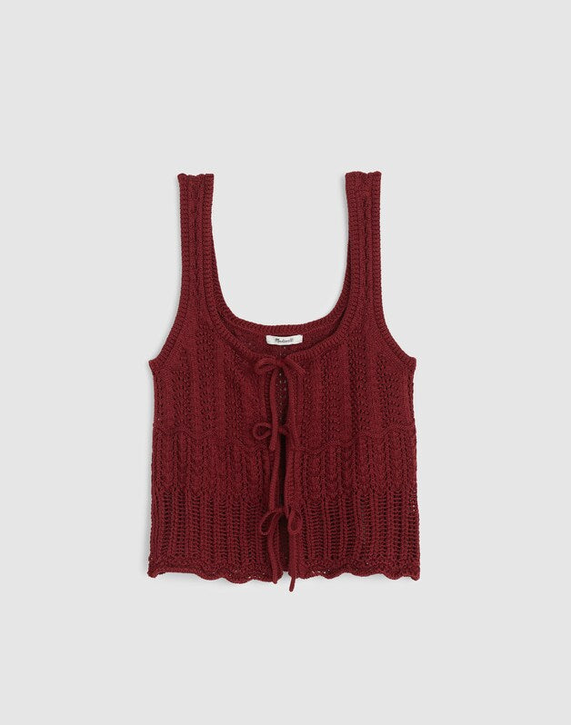 Pointelle-Stitch Tie-Front Sweater Tank in 100% Cotton DUSTY MERLOT
