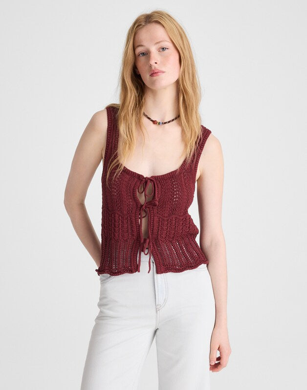Pointelle-Stitch Tie-Front Sweater Tank in 100% Cotton DUSTY MERLOT
