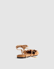The Greta Ruched Ankle-Tie Flat in Leather GOLDEN TAN