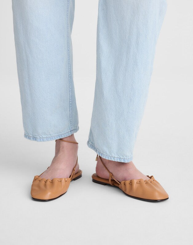 The Greta Ruched Ankle-Tie Flat in Leather GOLDEN TAN