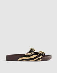 The Cambrea Double-Buckle Sandal in Zebra-Print Calf Hair ESPRESSO BEAN MULTI