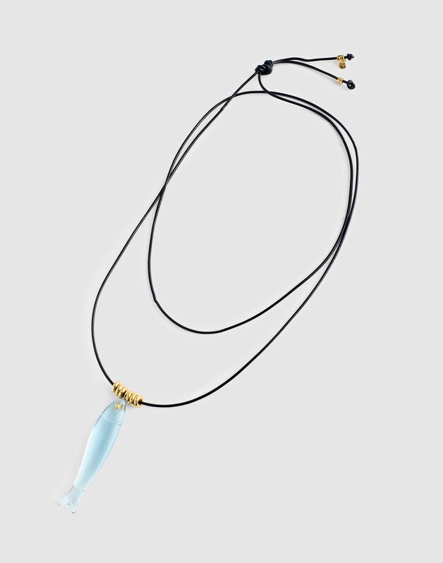 Fish Charm Leather Cord Necklace FROSTED SKY