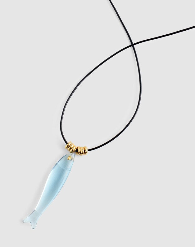 Fish Charm Leather Cord Necklace FROSTED SKY