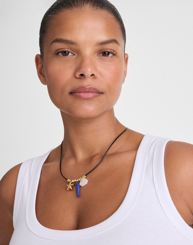 Semiprecious Charm Leather Choker Necklace ANTIQUE GOLD