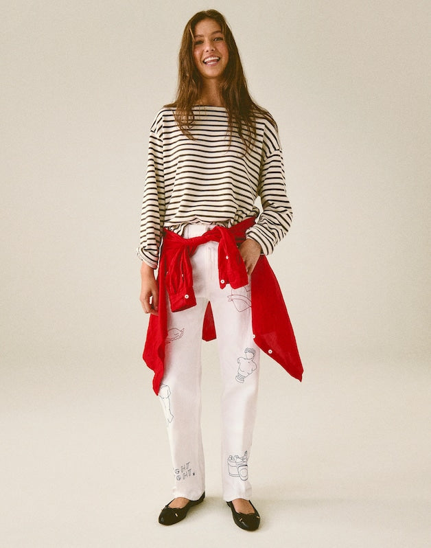 Embroidered Slim Boyfriend Jean TILE WHITE