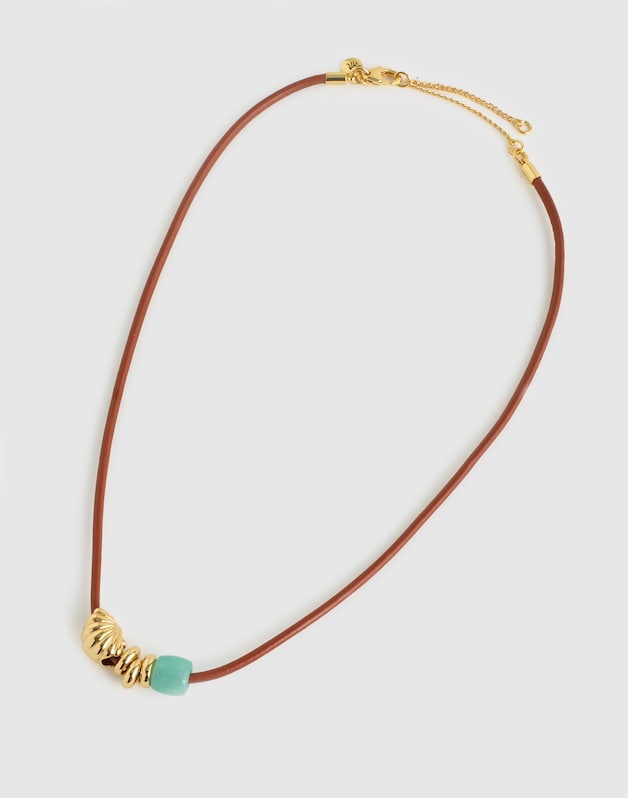 Semiprecious Charm Leather Choker Necklace GOLDEN TAN